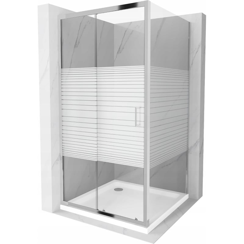 Cabine de douche coulissante Mexen Apia 100 x 100 cm, bandes blanches, chrome + receveur Flat - 840-100-100-01-20-4010