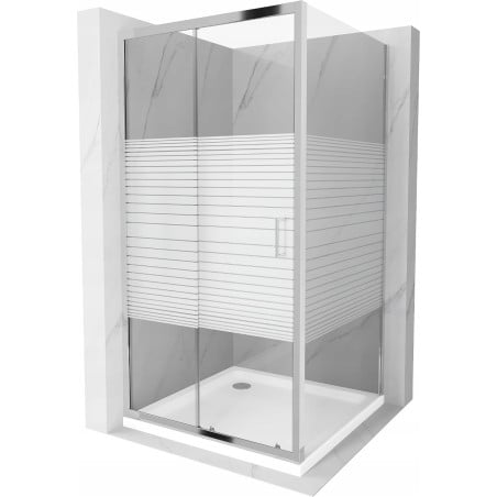 Cabine de douche coulissante Mexen Apia 100 x 100 cm, bandes blanches, chrome + receveur Flat - 840-100-100-01-20-4010