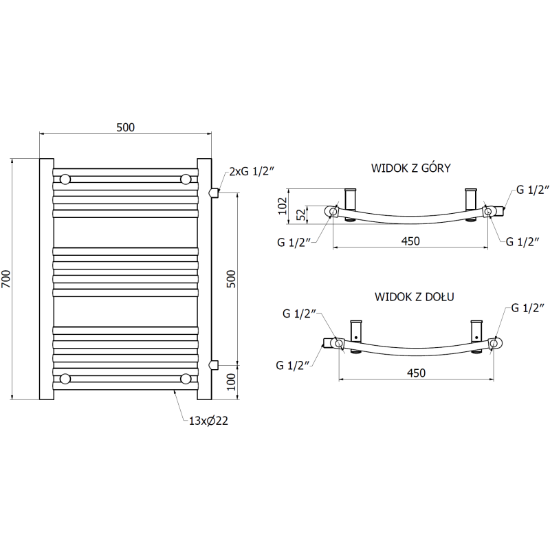 Mexen Ares radiateur latéral de salle de bain 700 x 500 mm, 286 W, noir - W102-0700-500-00-70-S