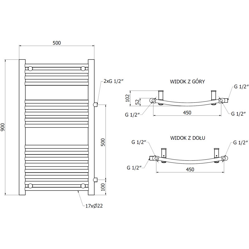 Mexen Ares radiateur latéral salle de bains 900 x 500 mm, 372 W, noir - W102-0900-500-00-70-S