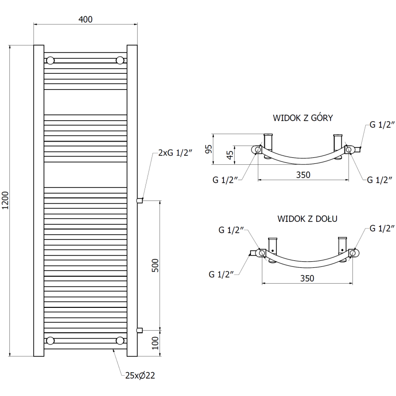 Mexen Ares radiateur latéral de salle de bain 1200 x 400 mm, 442 W, blanc - W102-1200-400-00-20-S