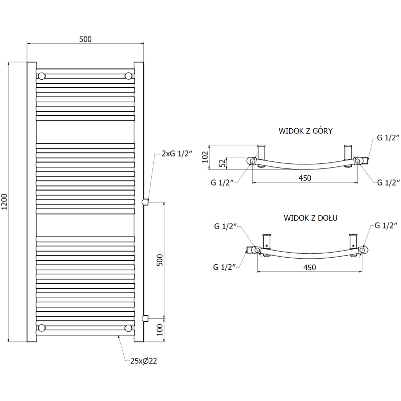 Mexen Ares radiateur de salle de bain latéral 1200 x 500 mm, 531 W, noir - W102-1200-500-00-70-S