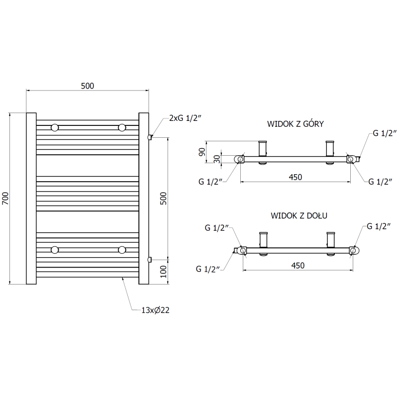 Mexen Mars radiateur de salle de bain latéral 700 x 500 mm, 284 W, noir - W110-0700-500-00-70-S