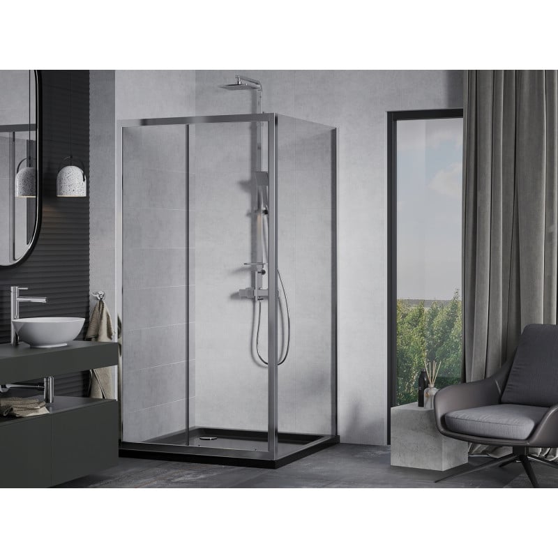 Mexen Apia cabine de douche coulissante 90 x 90 cm, transparent, chrome + receveur Flat, noir - 840-090-090-01-00-4070