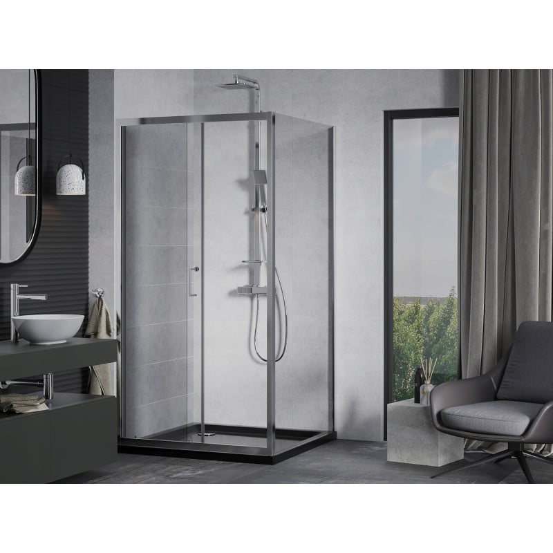 Mexen Apia cabine de douche coulissante 90 x 90 cm, transparent, chrome + receveur Flat, noir - 840-090-090-01-00-4070