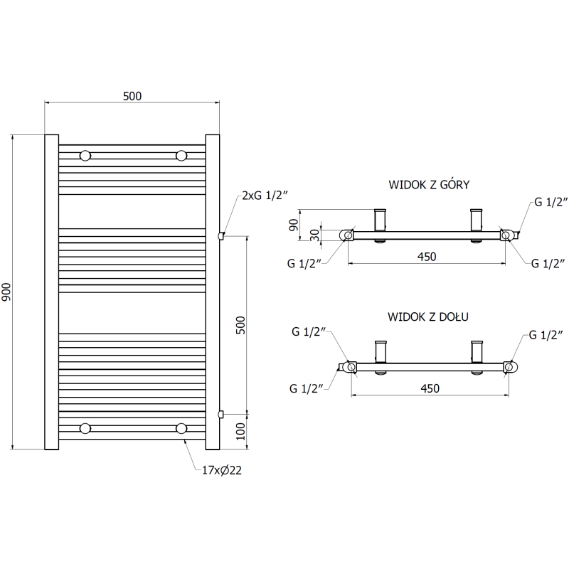 Mexen Mars radiateur de salle de bains latéral 900 x 500 mm, 370 W, blanc - W110-0900-500-00-20-S