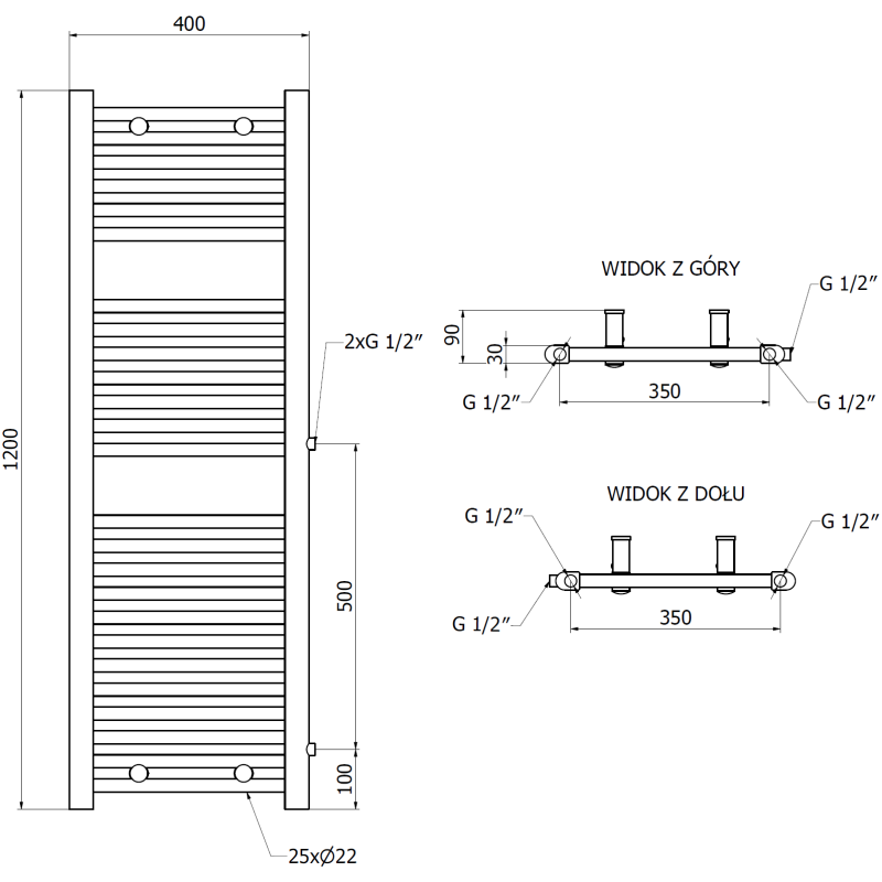 Mexen Mars radiateur de salle de bains latéral 1200 x 400 mm, 439 W, blanc - W110-1200-400-00-20-S