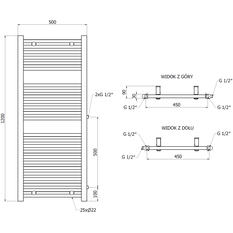 Mexen Mars radiateur de salle de bains latéral 1200 x 500 mm, 528 W, noir - W110-1200-500-00-70-S