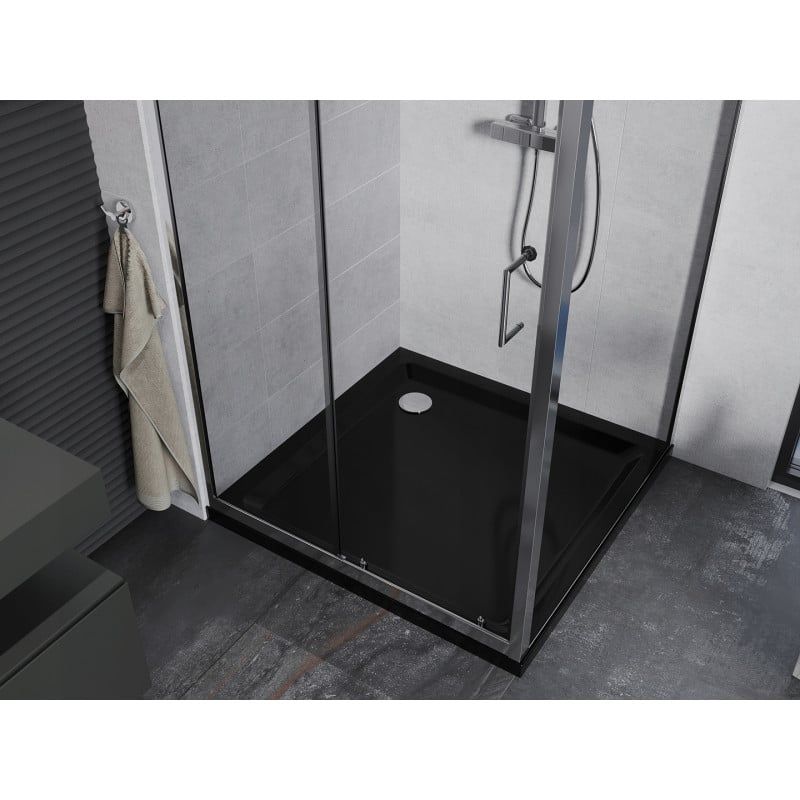 Mexen Apia cabine de douche coulissante 90 x 90 cm, transparent, chrome + receveur Flat, noir - 840-090-090-01-00-4070