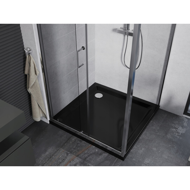 Mexen Apia cabine de douche coulissante 90 x 90 cm, transparent, chrome + receveur Flat, noir - 840-090-090-01-00-4070