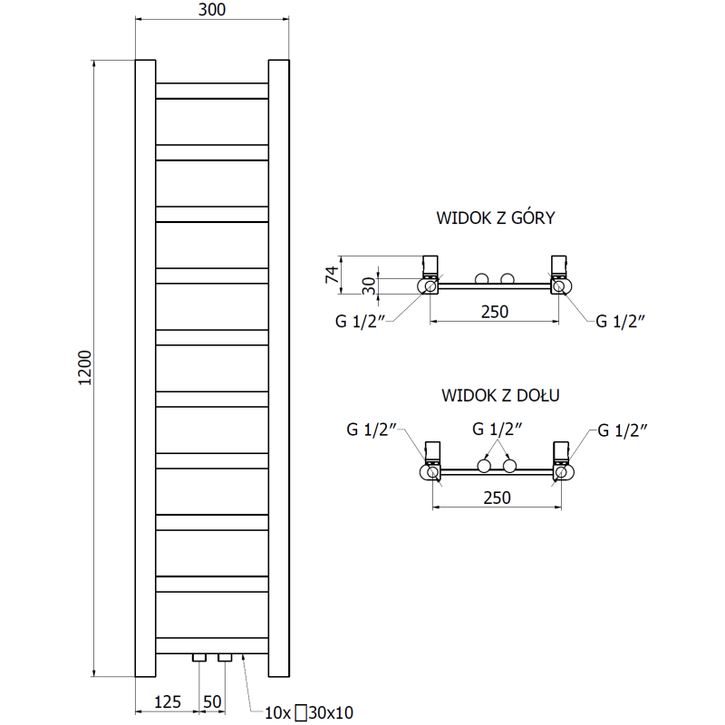 Mexen Bolt radiateur de salle de bain 1200 x 300 mm, 240 W, noir - W126-1200-300-00-70