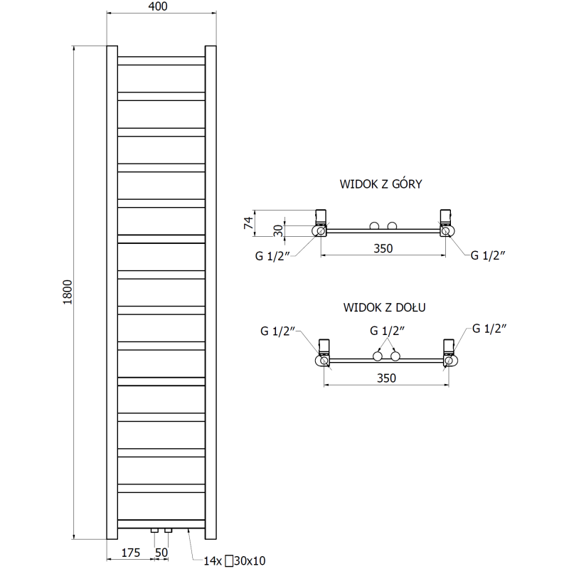 Mexen Bolt radiateur de salle de bain 1800 x 400 mm, 406 W, noir - W126-1800-400-00-70