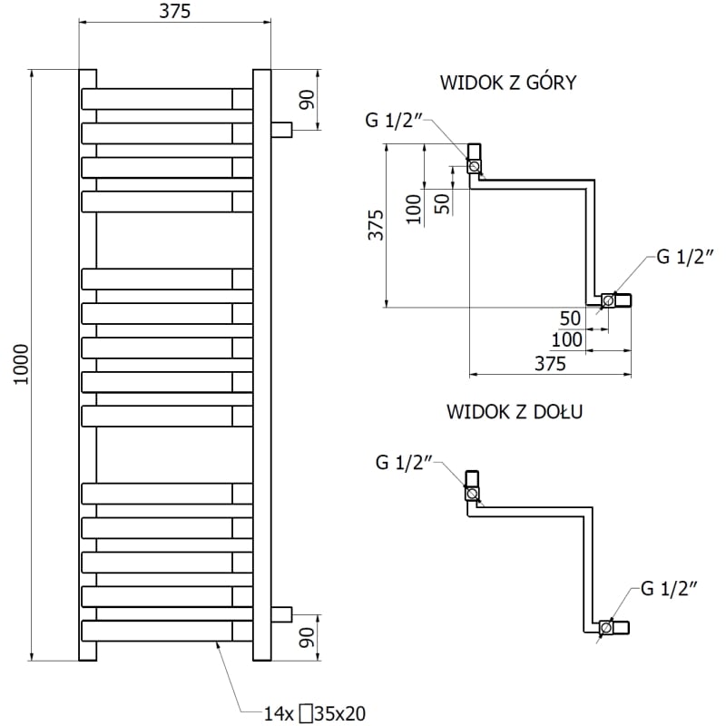 Mexen Loop radiateur de salle de bain d'angle 1000 x 375 mm, 572 W, blanc - W129-1000-350-00-20