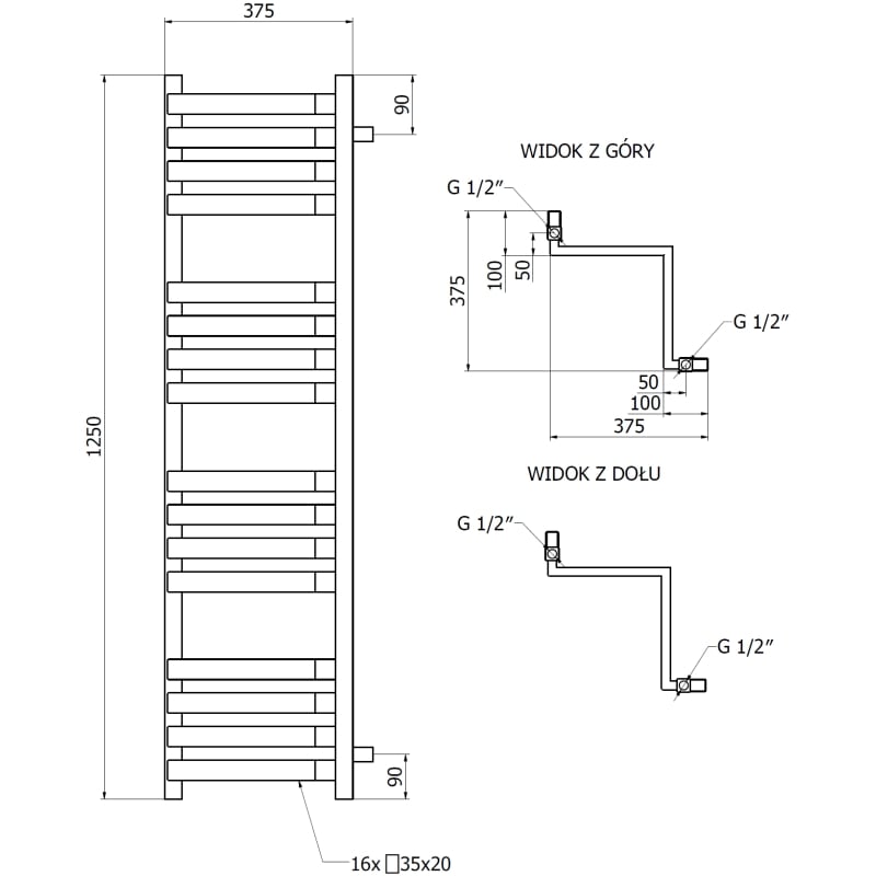 Mexen Loop radiateur d'angle de salle de bain 1250 x 375 mm, 666 W, noir - W129-1250-350-00-70