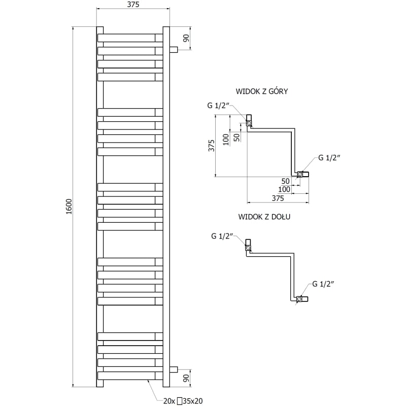 Mexen Loop radiateur de salle de bain d'angle 1600 x 375 mm, 837 W, blanc - W129-1600-350-00-20