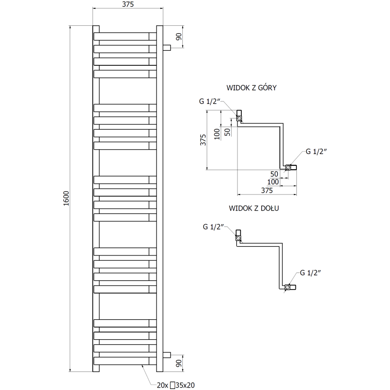 Mexen Loop radiateur de salle de bains 1600 x 375 mm, 837 W, blanc - W129-1600-350-00-20