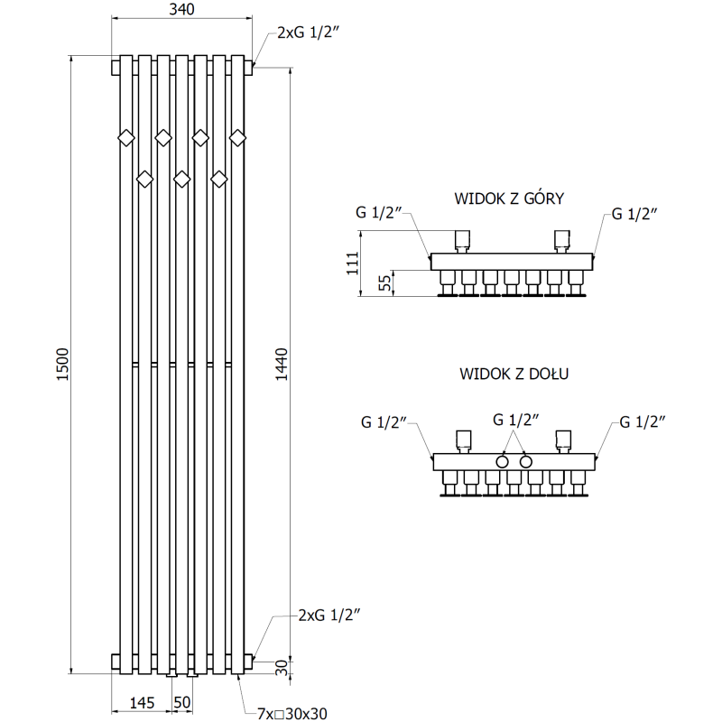 Mexen Flux radiateur de salle de bains décoratif 1500 x 340 mm, 630 W, noir - W127-1500-340-00-70