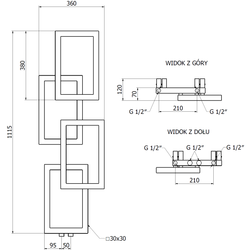 Mexen Grid radiateur de salle de bain décoratif 1115 x 360 mm, 279 W, noir - W215-1115-360-00-70