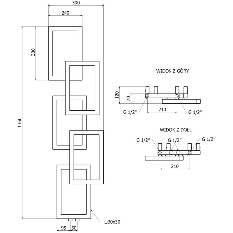 Mexen Grid radiateur de salle de bain décoratif 1360 x 390 mm, 349 W, noir - W215-1360-390-00-70