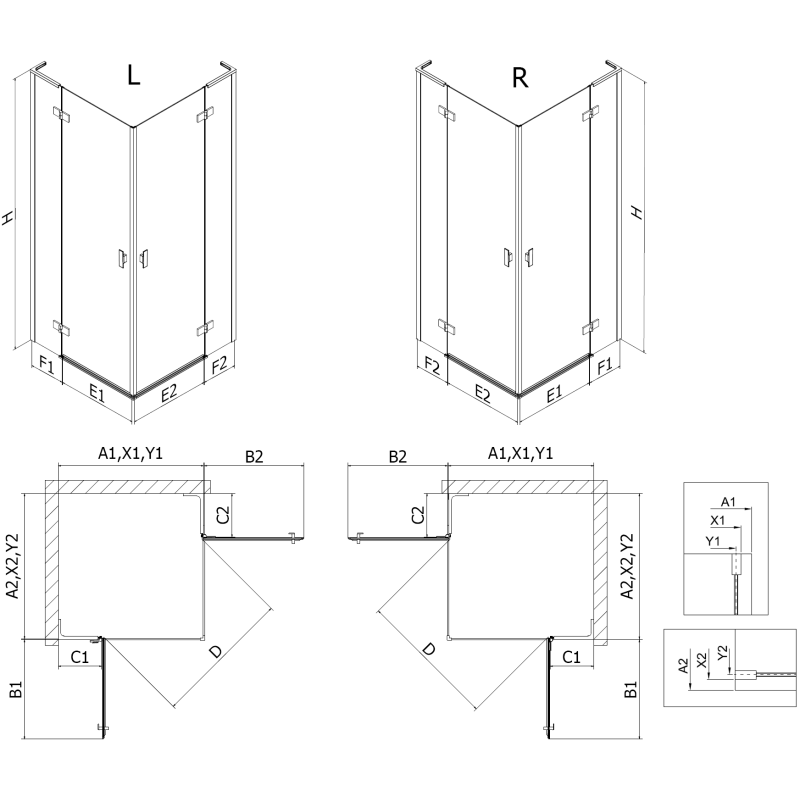 Mexen Mist-H L Duo cabine de douche pivotante 120 x 120 cm, transparent, cuivre brossé - 8A5L-120L-120P-65-00