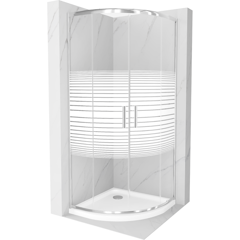 Mexen Rio cabine de douche semi-circulaire 90 x 90 cm, bandes blanches, chrome + receveur Flat, blanc - 863-090-090-01-20-4110