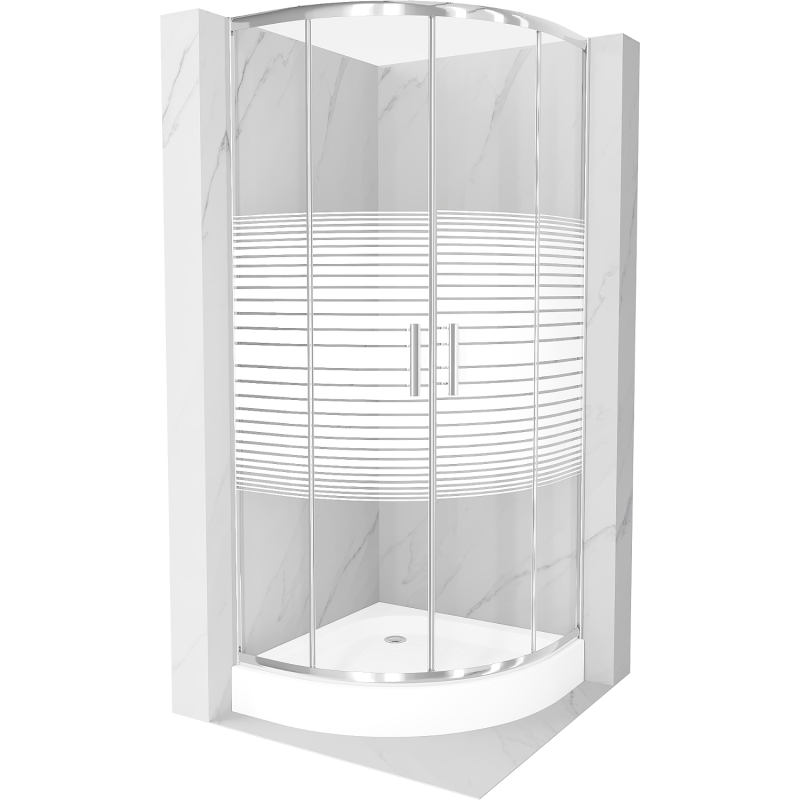 Cabine de douche Mexen Rio semicirculaire 90 x 90 cm, rayures, chromé + bac de douche Rio, blanc - 863-090-090-01-20-4710