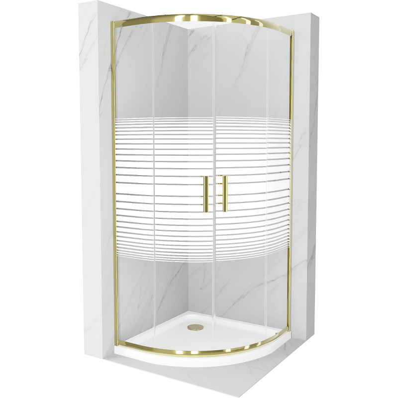 Mexen Rio cabine de douche semi-circulaire 80 x 80 cm, bandes blanches, or + bac Flat, blanc - 863-080-080-50-20-4110G