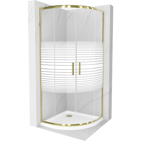 Mexen Rio cabine de douche semi-circulaire 80 x 80 cm, bandes blanches, or + bac Flat, blanc - 863-080-080-50-20-4110G