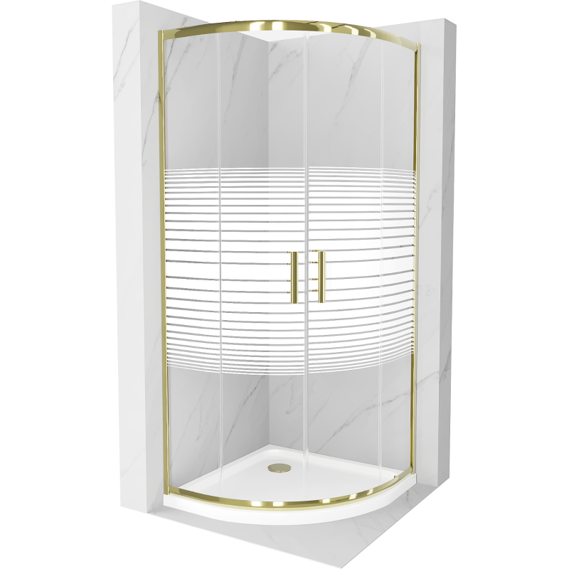 Cabine de douche Mexen Rio semi-circulaire 90 x 90 cm, rayures, dorée + receveur Flat, blanc - 863-090-090-50-20-4110G