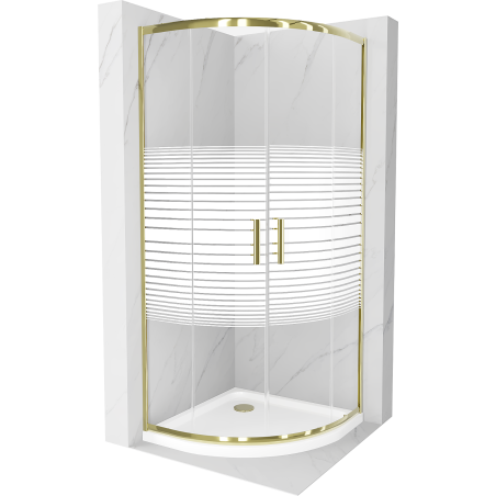 Cabine de douche Mexen Rio semi-circulaire 90 x 90 cm, rayures, dorée + receveur Flat, blanc - 863-090-090-50-20-4110G