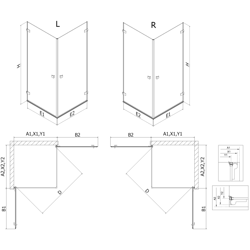 Mexen Lunar-B Duo cabine de douche pivotante 70 x 70 cm, transparent, or brossé - 832-070L-070P-55-00