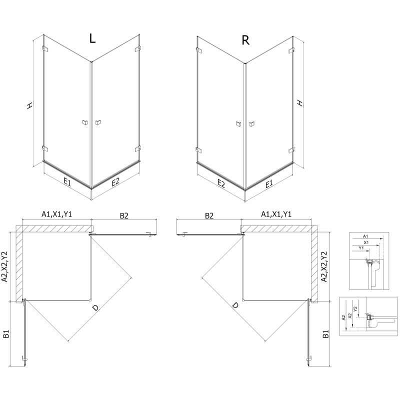 Mexen Lunar-B Duo cabine de douche pivotante 85 x 75 cm, transparente, or rose - 832-085L-075P-60-00