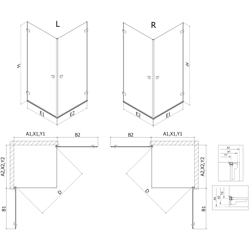 Mexen Lunar-B Duo cabine de douche pivotante 85 x 80 cm, transparent, noire - 832-085L-080P-70-00