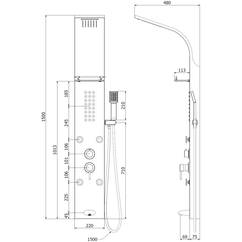 Mexen Adrox panneau de douche avec bec, noir - 7613-04-70