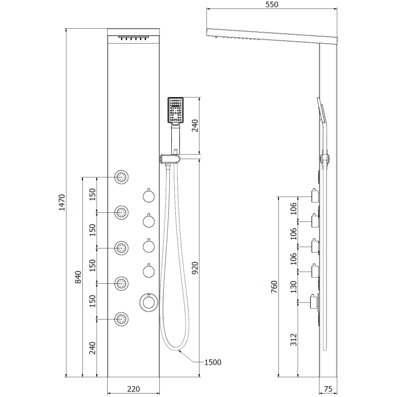 Mexen Lando panneau de douche, noir - 7611-04-70