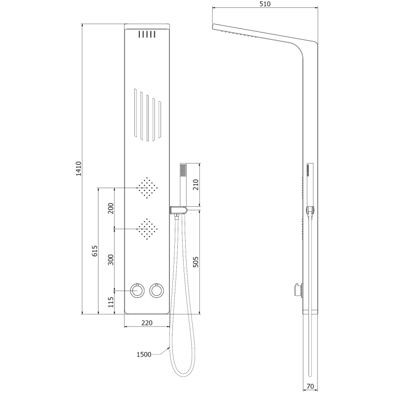 Mexen Navas panneau de douche, noir - 7627-02-70