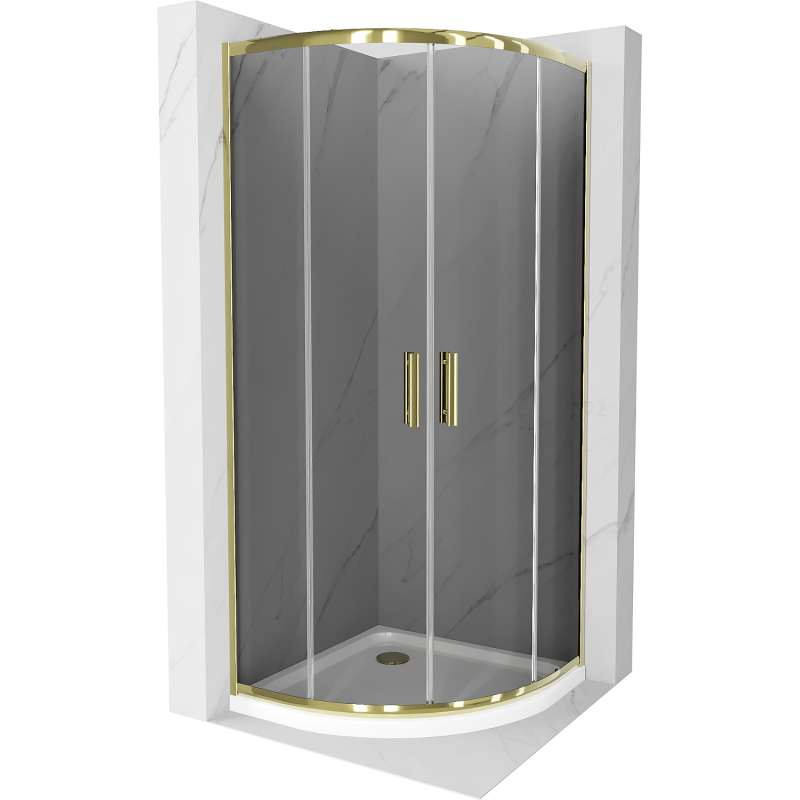 Cabine de douche arrondie Mexen Rio 90 x 90 cm, graphite, dorée + receveur Flat, blanc - 863-090-090-50-40-4110G
