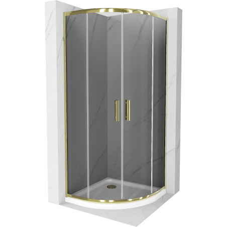 Cabine de douche arrondie Mexen Rio 90 x 90 cm, graphite, dorée + receveur Flat, blanc - 863-090-090-50-40-4110G