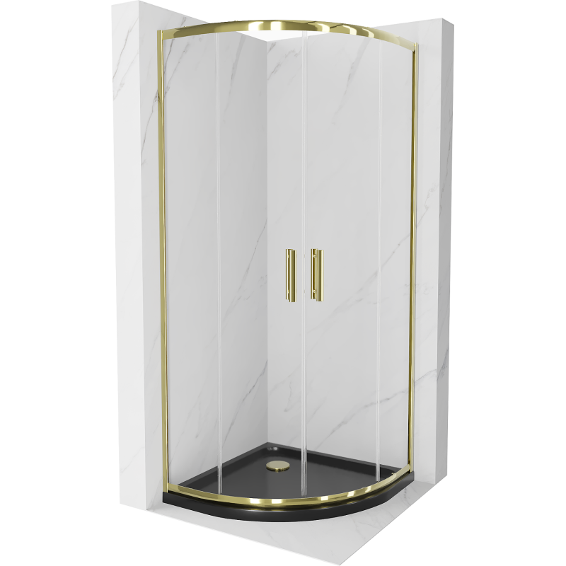 Mexen Rio cabine de douche semi-circulaire 90 x 90 cm, transparent, doré + receveur Flat, noir - 863-090-090-50-00-4170G