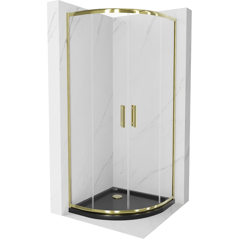 Mexen Rio cabine de douche semi-circulaire 90 x 90 cm, transparent, or + bac à douche Flat, noir - 863-090-090-50-00-4170G