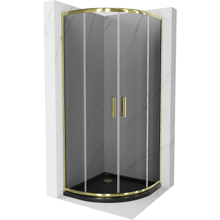 Mexen Rio cabine de douche en quart de cercle 90 x 90 cm, graphite, or + receveur Flat, noir - 863-090-090-50-40-4170G