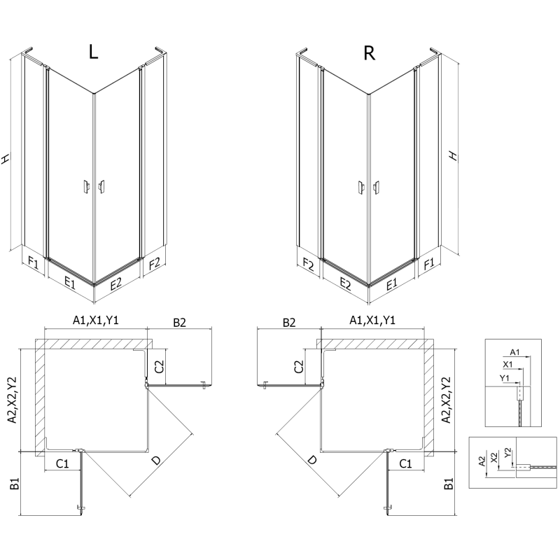 Mexen Mist L Duo cabine de douche à charnière 120 x 110 cm, motif grille noire, noire - 8A4L-120L-110P-70-77