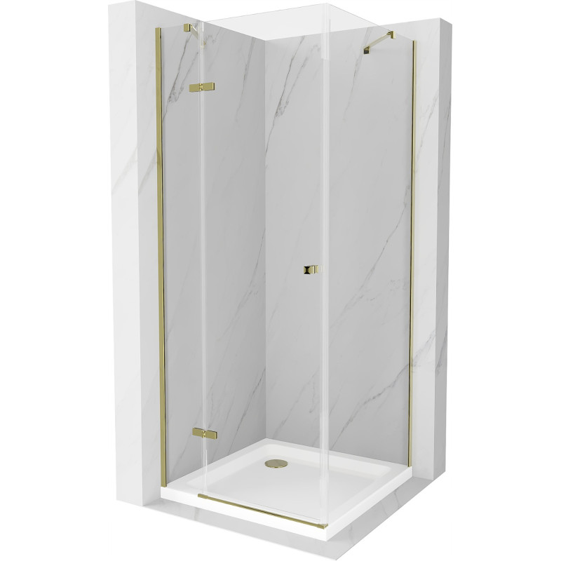 Mexen Roma cabine de douche pivotante 90 x 90 cm, transparente, dorée + bac à douche Flat - 854-090-090-50-00-4010