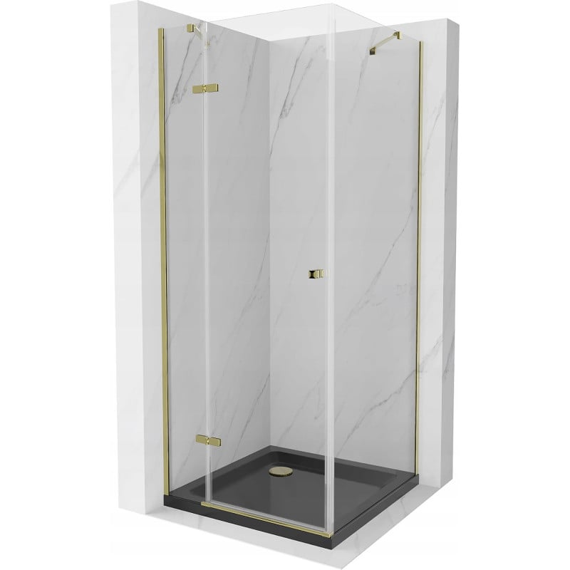 Mexen Roma cabine de douche pivotante 90 x 90 cm, transparente, dorée + receveur plat, noir - 854-090-090-50-00-4070G