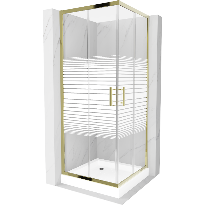 Mexen Rio cabine de douche carrée 80 x 80 cm, bandes blanches, or + receveur, blanc - 860-080-080-50-20-4510