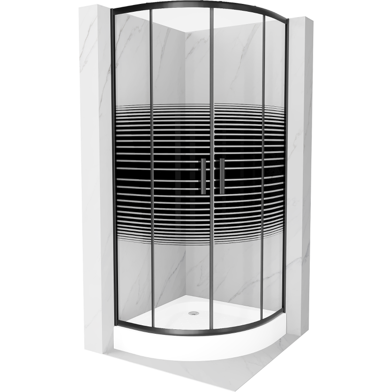 Cabine de douche Mexen Rio demi-circulaire 80 x 80 cm, rayures, noir + receveur Rio, blanc - 863-080-080-70-20-4710