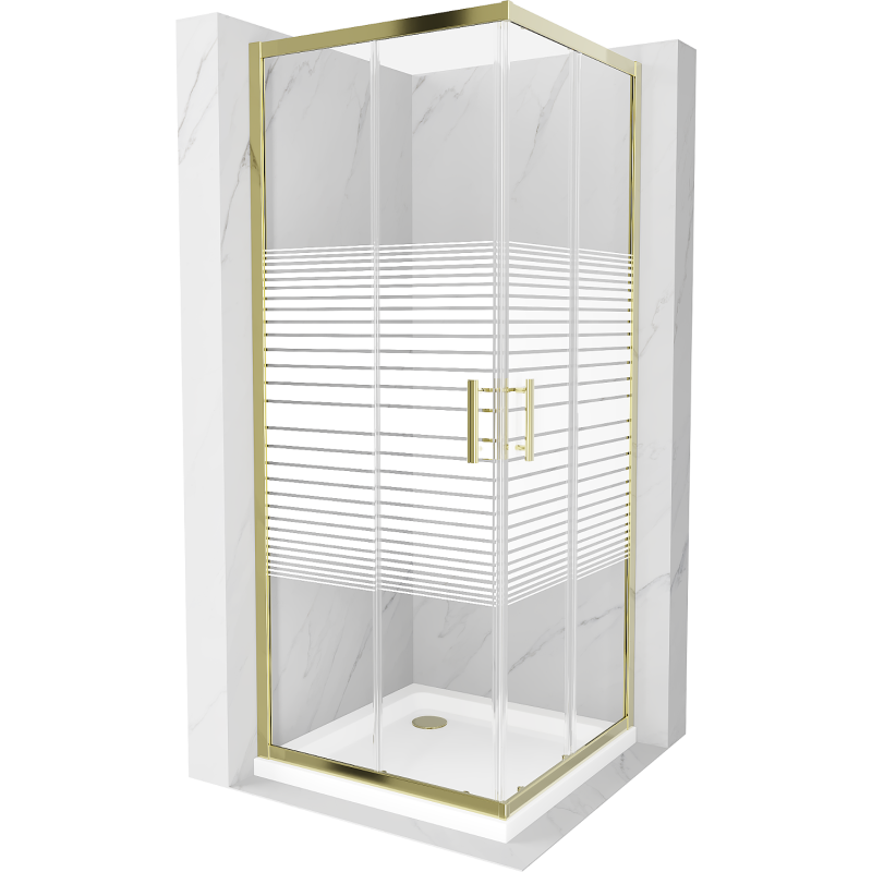 Cabine de douche carrée Mexen Rio 80 x 80 cm, bandes blanches, or + receveur Flat, blanc - 860-080-080-50-20-4010G