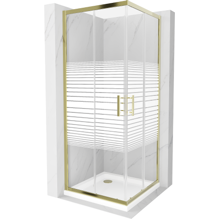 Cabine de douche carrée Mexen Rio 80 x 80 cm, bandes blanches, or + receveur Flat, blanc - 860-080-080-50-20-4010G