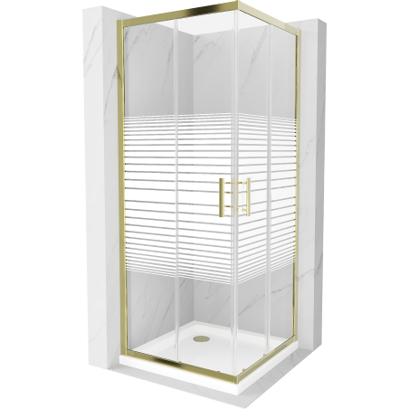 Mexen Rio cabine de douche carrée 80 x 80 cm, bandes blanches, or + receveur Flat, blanc - 860-080-080-50-20-4010G