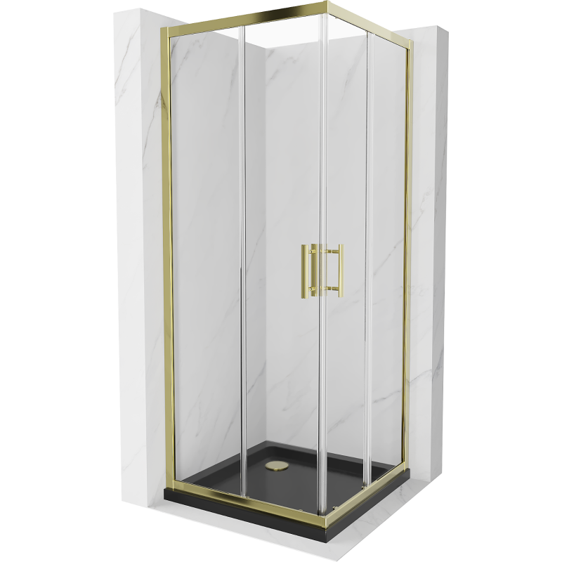 Mexen Rio cabine de douche carrée 90 x 90 cm, transparente, dorée + receveur Flat, noir- 860-090-090-50-00-4070G